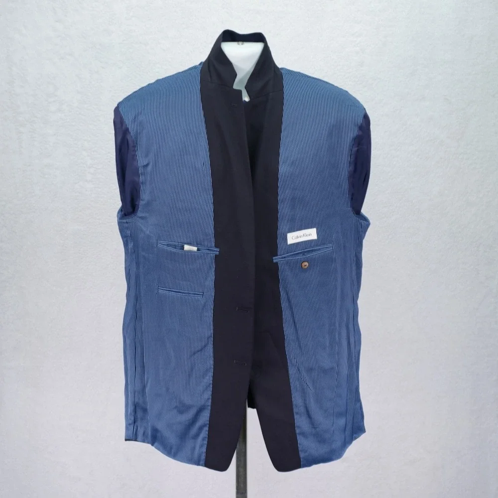 Calvin Klein Wool Blue Silver Button‎ Blazer 46L 2 Button